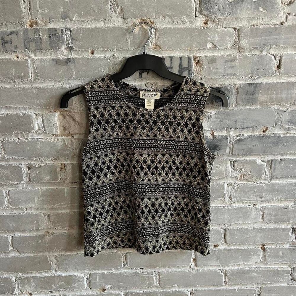 VTG 90s Jaipur Metallic Silver Black Textured Knit Beaded Tank Top Small USA